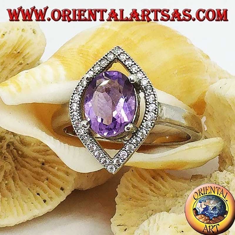 Massiver 925‰ Silberring – Natürlicher ovaler violetter Amethyst – Navettenfassung mit gefassten Zirkonen