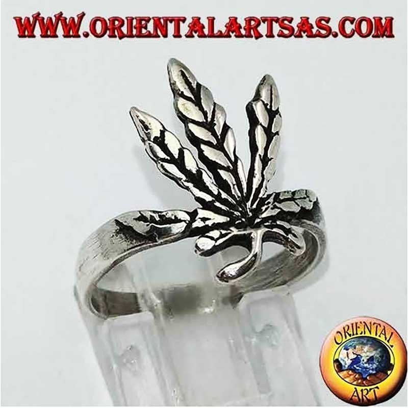 Handgefertigter 925 Silberring Geschnitztes Marihuana Blatt