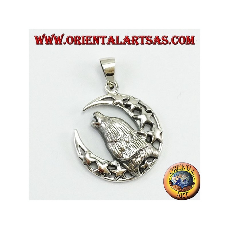 Pendentif en argent Loup mâchant à la lune