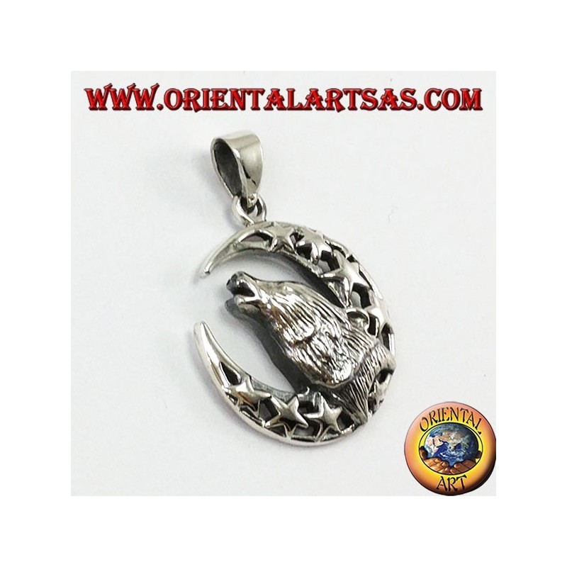 Silver Pendant Wolf chewing to the moon