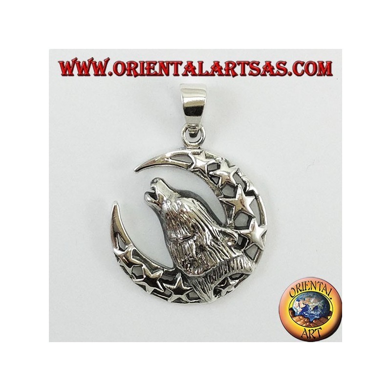 Silber Anhänger Wolf auf den Mond kauen
