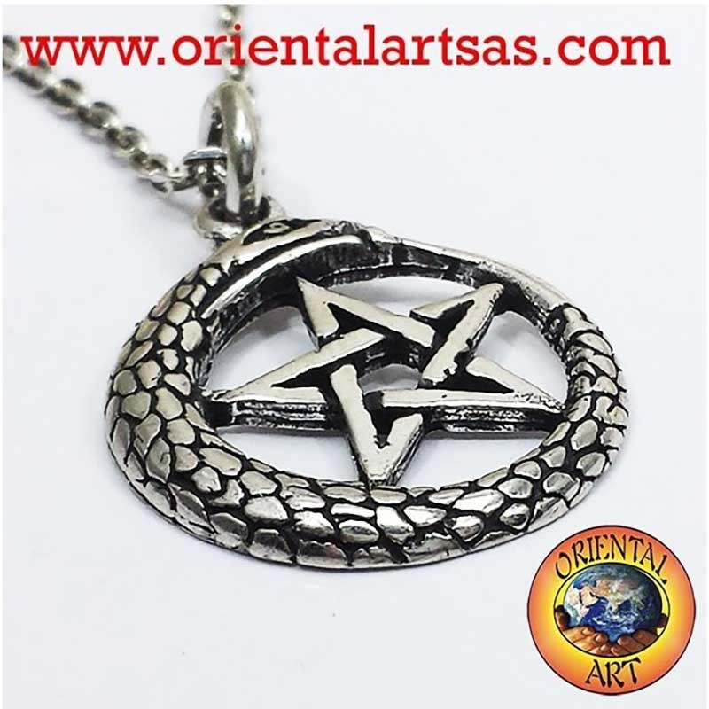 Colgante de plata pentáculo de ouroboros, serpiente protección eterna.