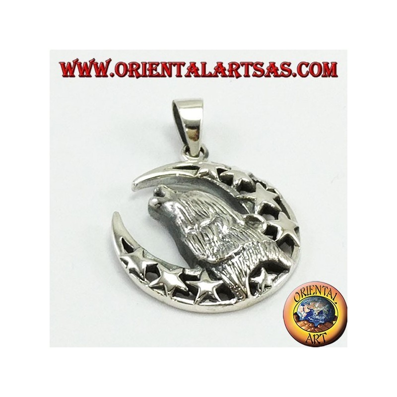 Silver Pendant Wolf chewing to the moon