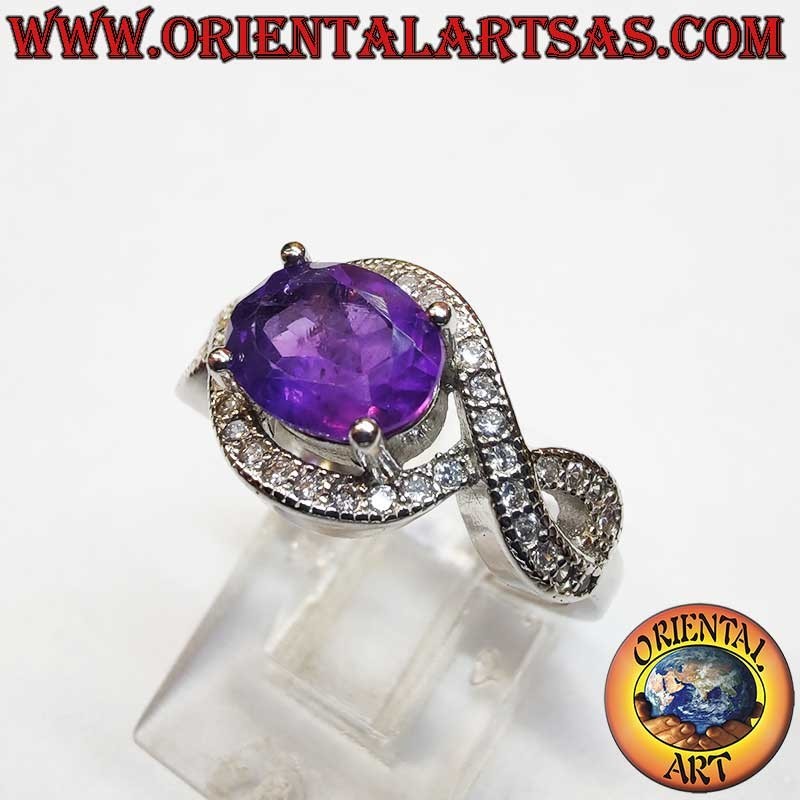 High Jewelry Rhodium Silver Ring Amethyst Infinity Knot Zircons