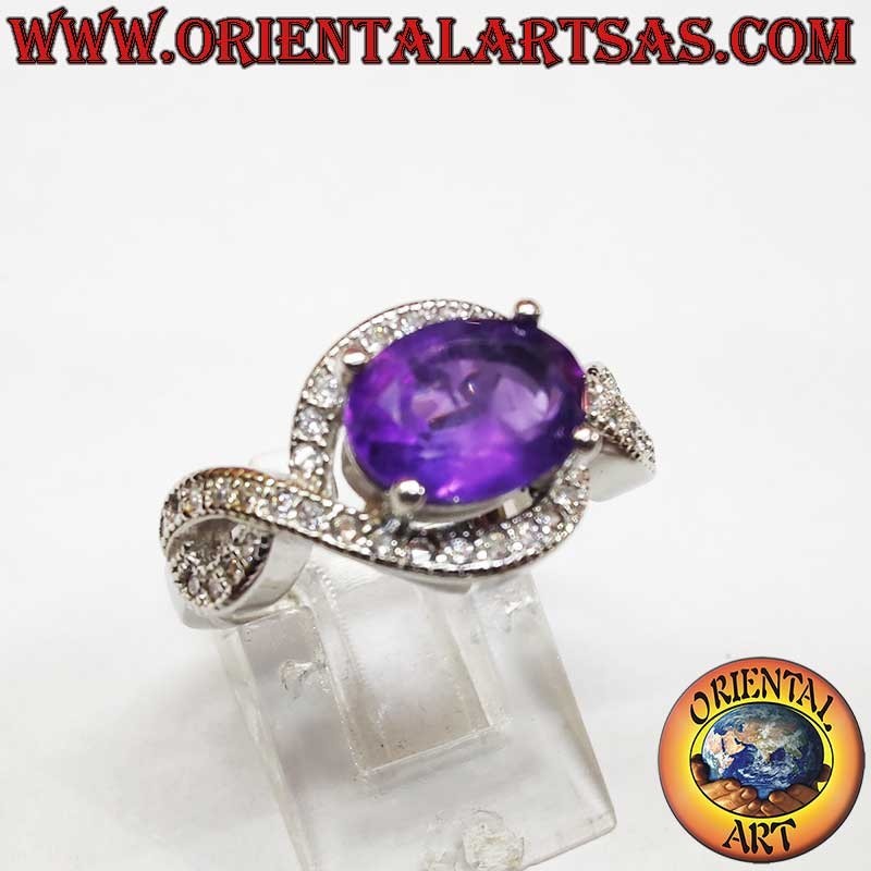 Bague Haute Joaillerie Argent Rhodié Améthyste Nœud Infini Zircons