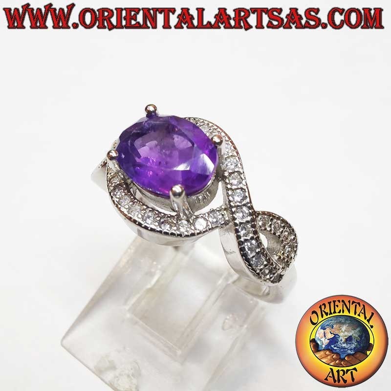 Bague Haute Joaillerie Argent Rhodié Améthyste Nœud Infini Zircons