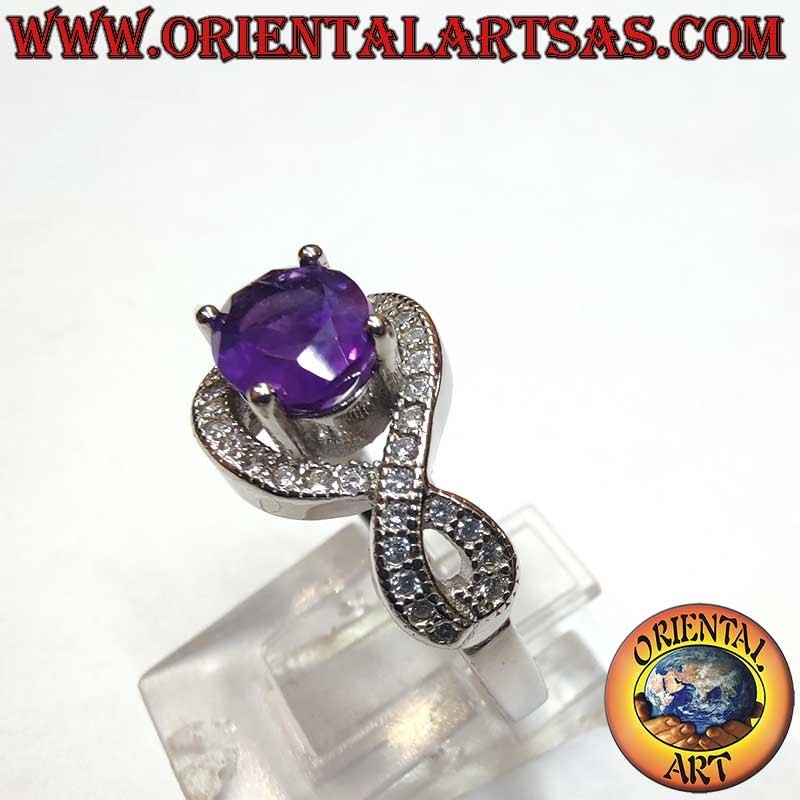 High Jewelry Rhodium Silver Ring Amethyst Infinity Knot Zircons
