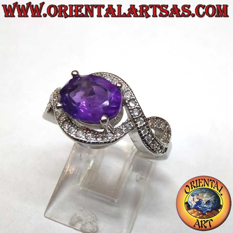 Bague Haute Joaillerie Argent Rhodié Améthyste Nœud Infini Zircons