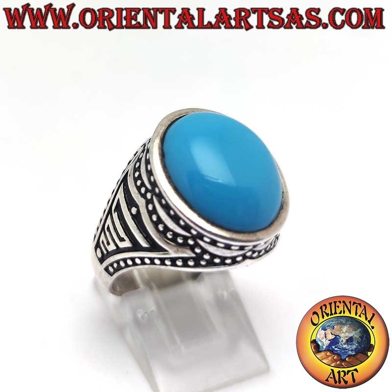 925 Silver Ring Turquoise Cabochon 16x13 Dots Lost Wax Burnished