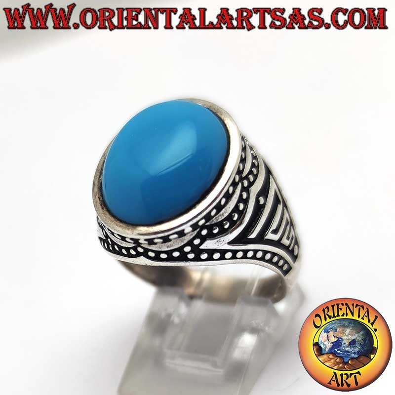 Anello Argento 925 Turchese Cabochon 16x13 Pallini Cera Persa Brunito