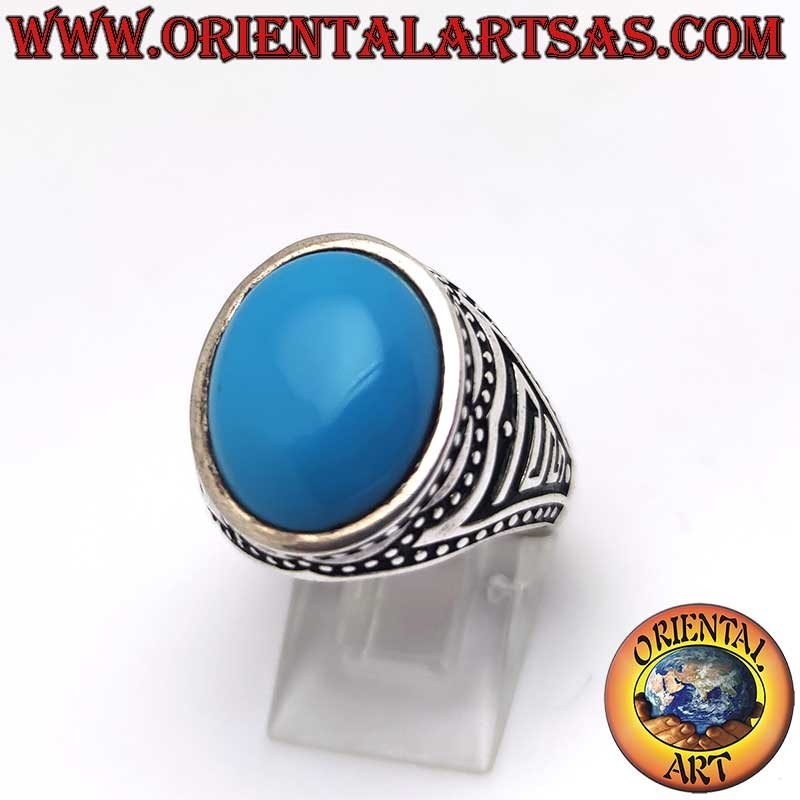 Bague Argent 925 Turquoise Cabochon 16x13 Billes Cire Perdue Brunie