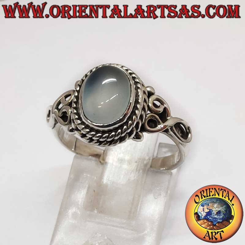 Anello Argento 925 Pietra Luna Ovale Cuore Laterale Fatto a Mano