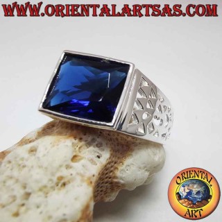 Bague homme argent 925 – Saphir synthétique rectangulaire 10x12 mm – Sculptures ajourées géométriques