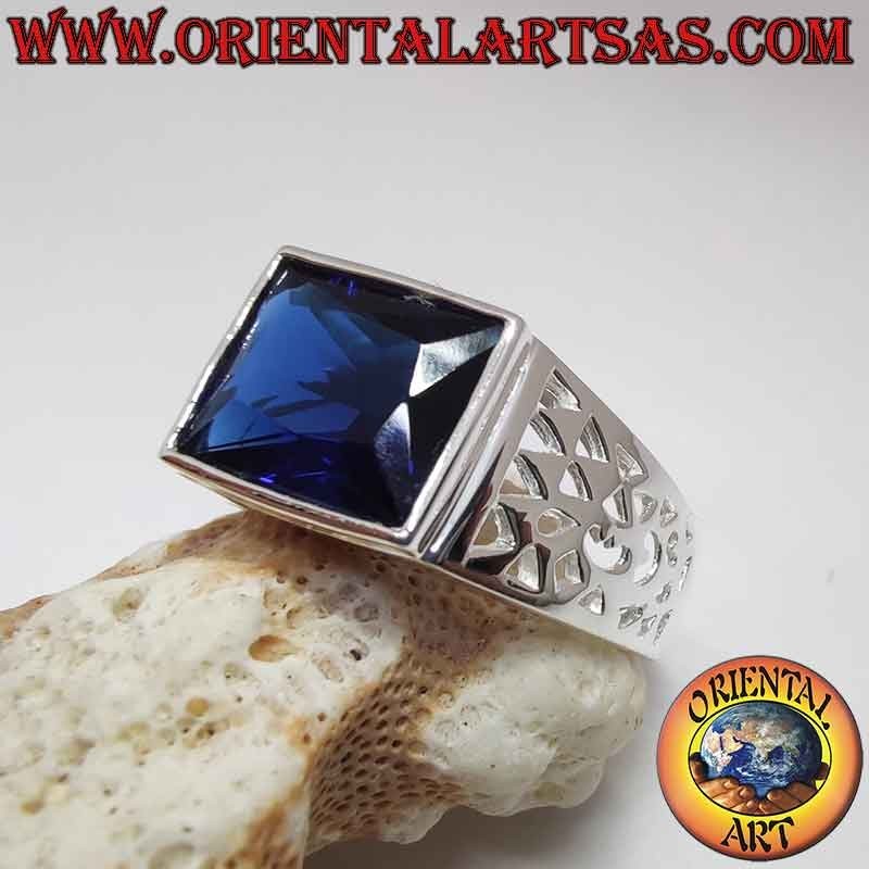 Anillo Hombre Plata 925 Zafiro Sintético Rectangular Calado