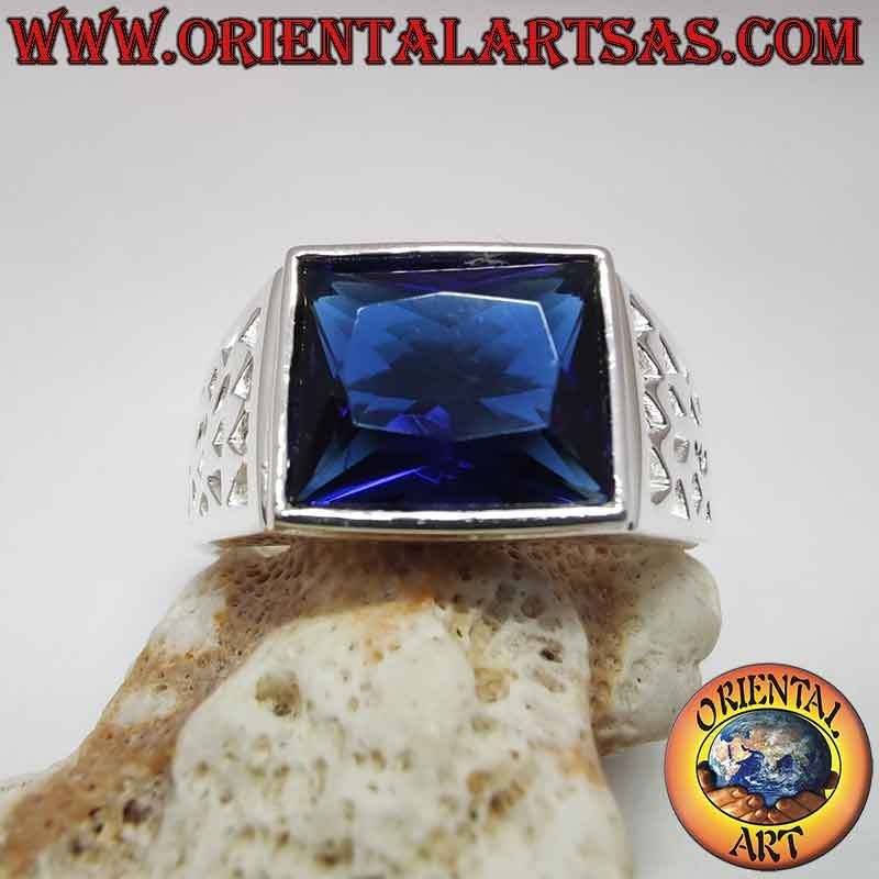 Anello Uomo Argento 925 Zaffiro Sintetico Rettangolare Traforato