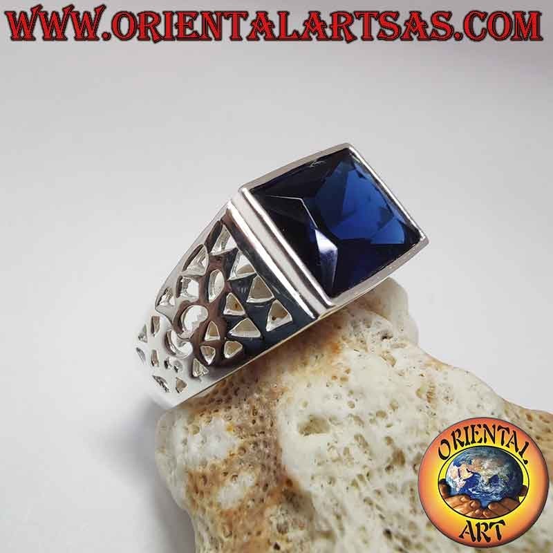 Men's 925 Silver Ring Synthetic Sapphire Rectangular Pierced | Oriental Art