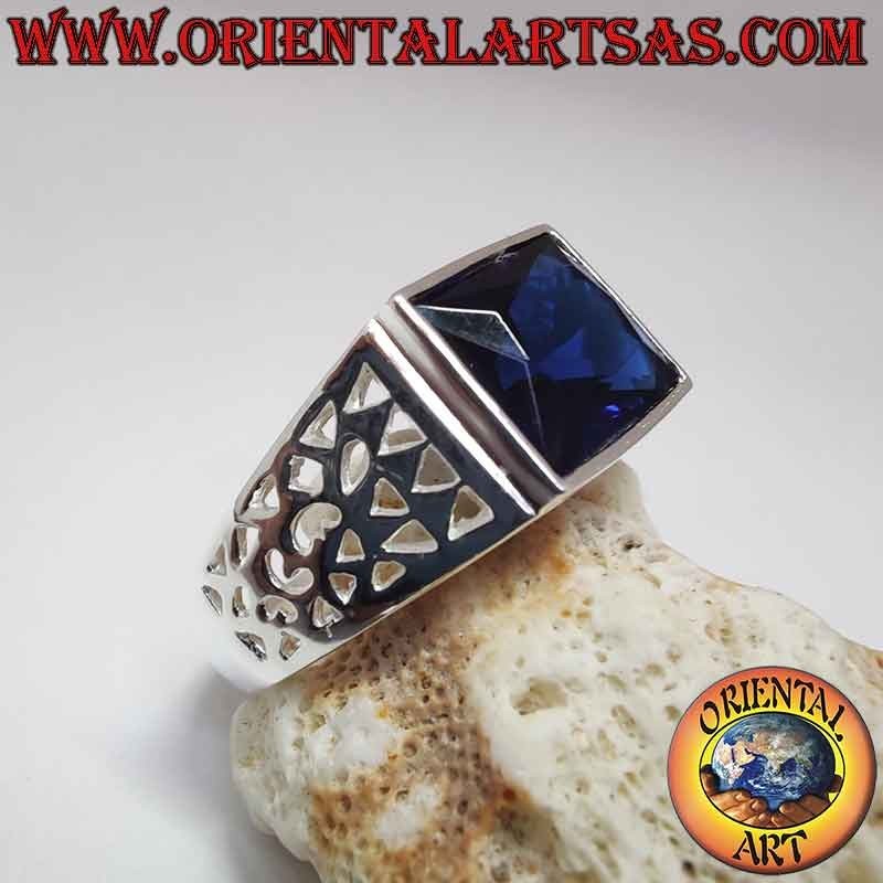 Herren 925 Silberring Synthetischer Saphir Rechteckig Durchbrochen | Oriental Art