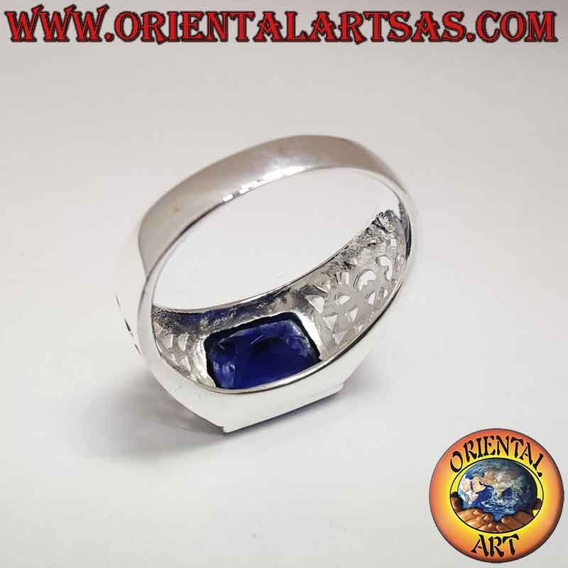 Herren 925 Silberring Synthetischer Saphir Rechteckig Durchbrochen | Oriental Art