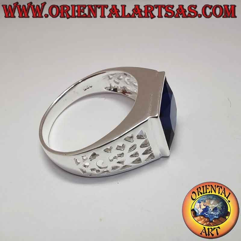 Bague Homme Argent 925 Saphir Synthétique Rectangulaire Ajouré