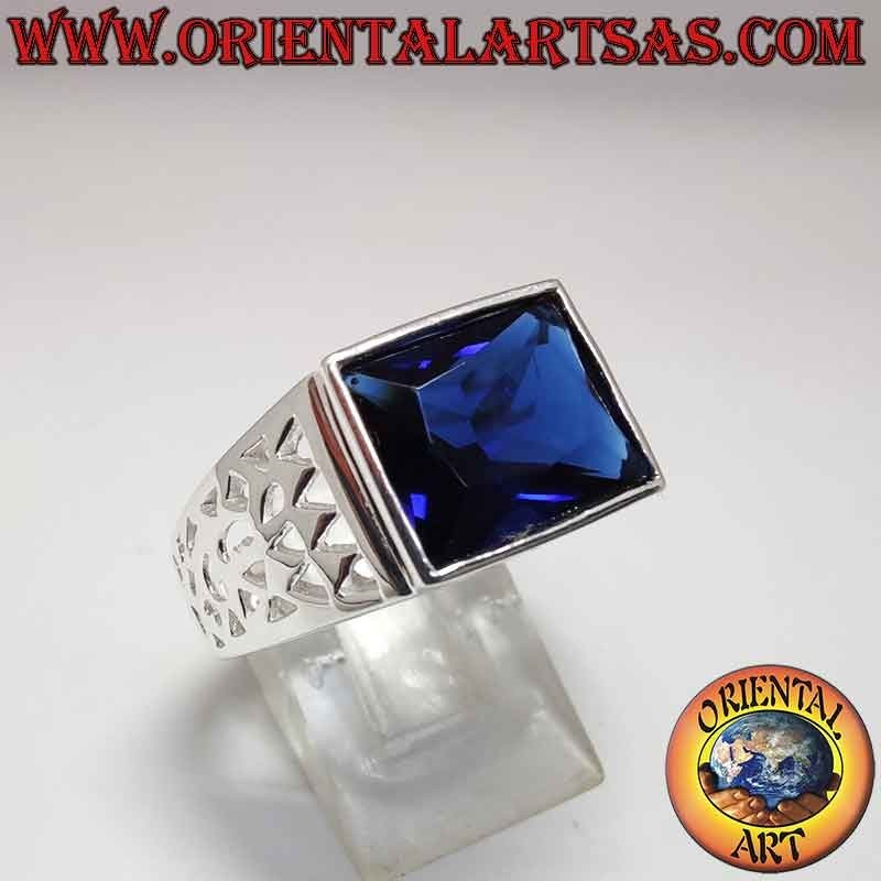 Herren 925 Silberring Synthetischer Saphir Rechteckig Durchbrochen | Oriental Art