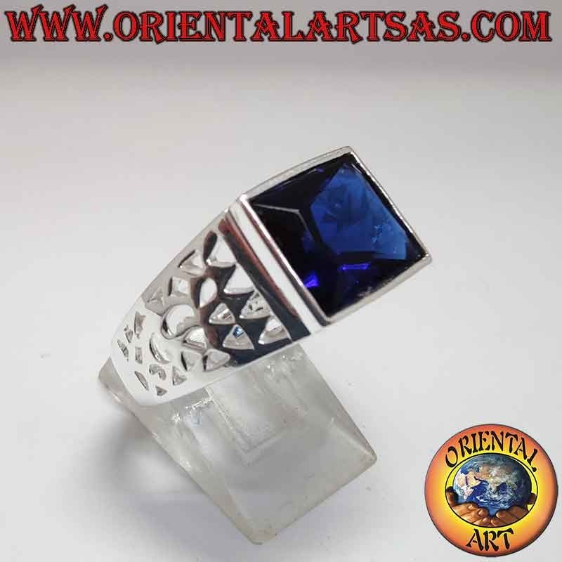 Herren 925 Silberring Synthetischer Saphir Rechteckig Durchbrochen | Oriental Art