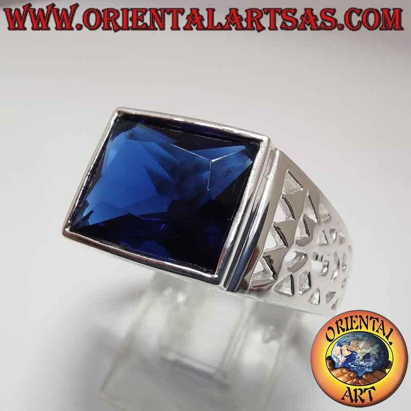 Anillo Hombre Plata 925 Zafiro Sintético Rectangular Calado