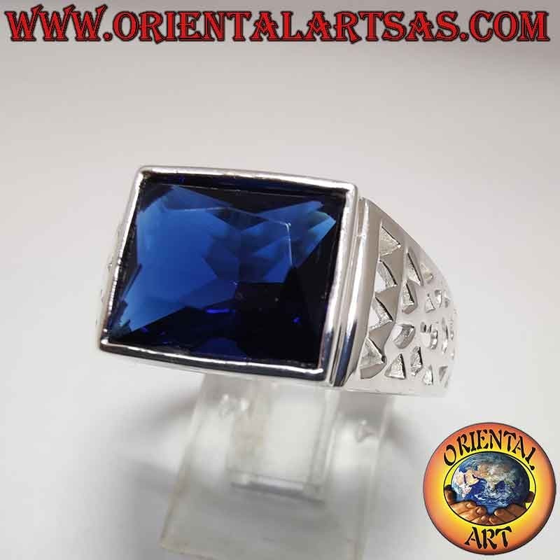 Anello Uomo Argento 925 Zaffiro Sintetico Rettangolare Traforato