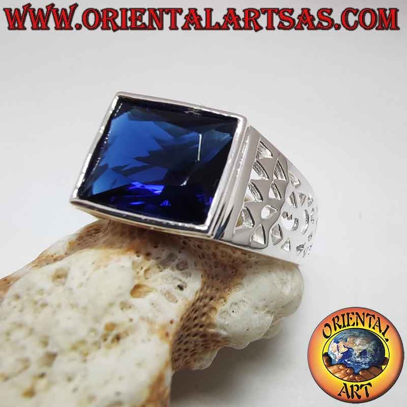 Bague homme argent 925 – Saphir synthétique rectangulaire 10x12 mm – Sculptures ajourées géométriques