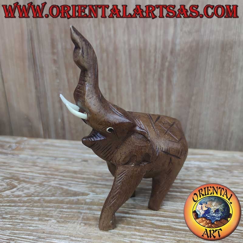 Thai Elephant Teak Wood Trunk Up Protruding Tusks 15cm