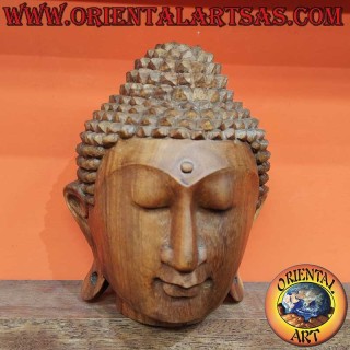 3D Buddha Head Sculpture – Suar Wood – Hand Carved from a Single Block – Height 23 cm, 18 x 18 cm – Unique Piece