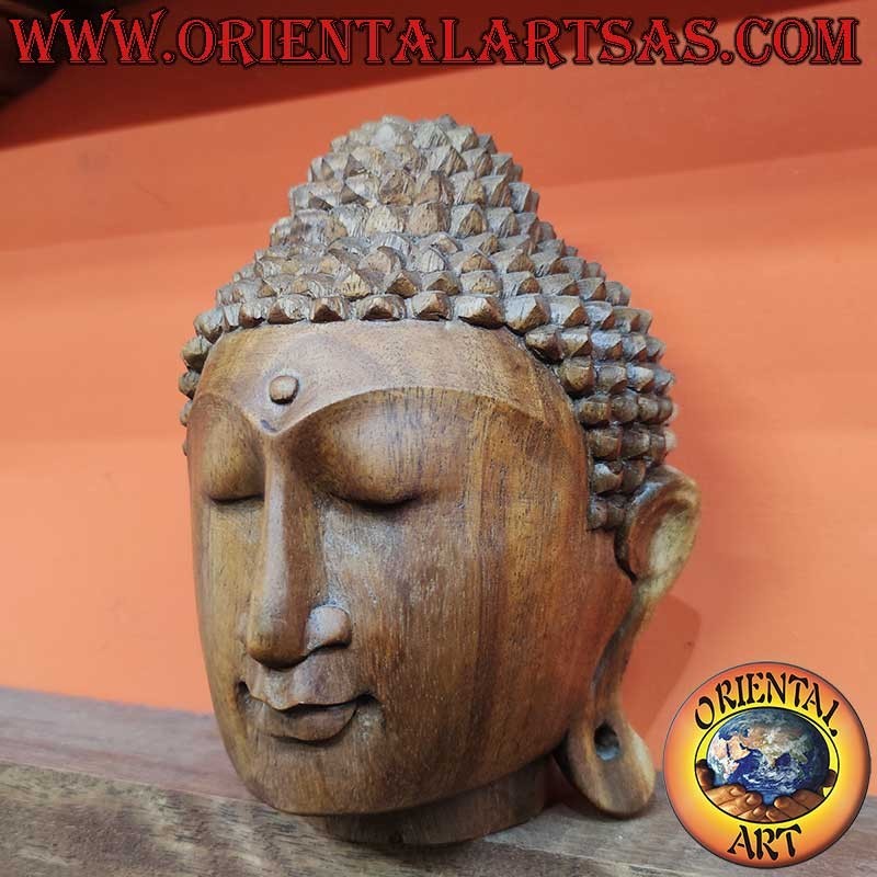 Testa Buddha Legno Suar 23 cm Intagliata Mano Indonesia