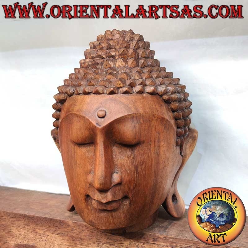 Cabeza Buda Madera Suar 23 cm Tallada Mano Indonesia