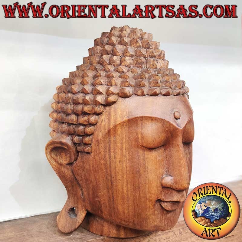 Cabeza Buda Madera Suar 23 cm Tallada Mano Indonesia