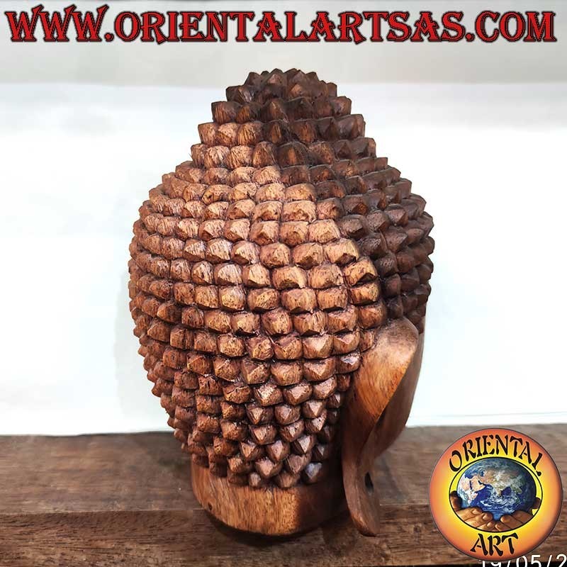 Testa Buddha Legno Suar 23 cm Intagliata Mano Indonesia