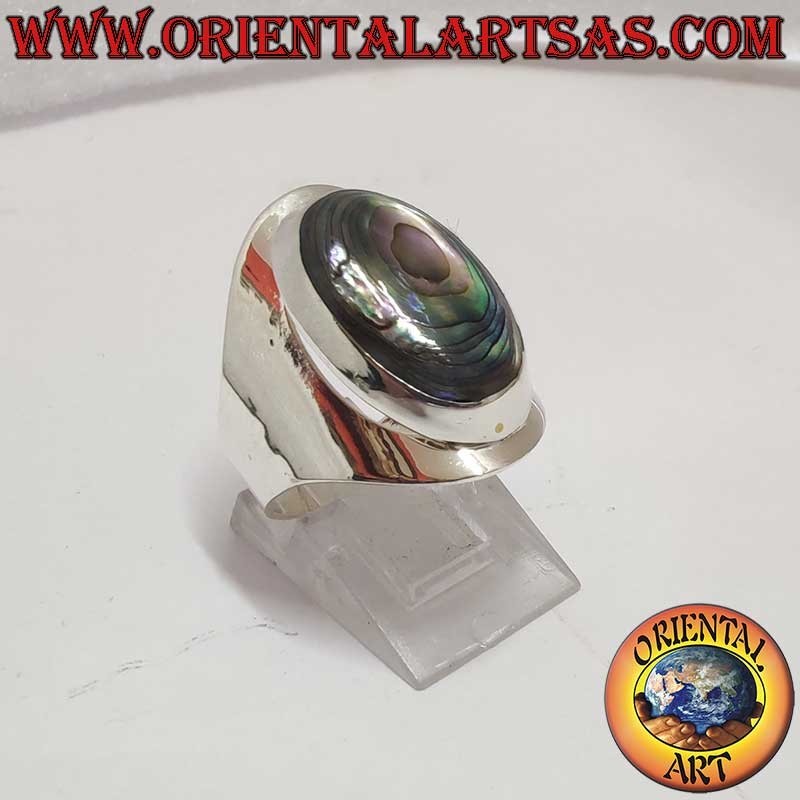 Anello Argento 925 Abalone Paua Ovale Fascia Larga 24 mm