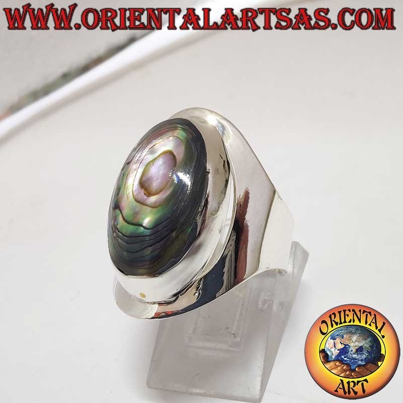 925 Silver Ring Oval Abalone Paua Wide Band 24 mm