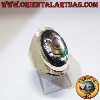 Anello a fascia larga liscia in argento 925 lucido con grande pietra d'abalone paua ovale centrale