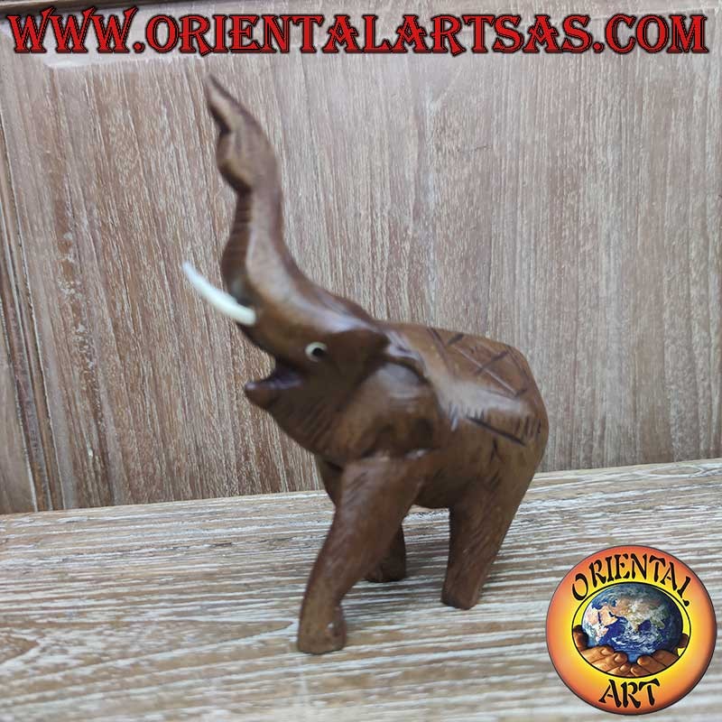 Elephant sculpture – Teak wood – Trunk up – Protruding tusks – Height 15 cm – Length 10 cm  Handmade