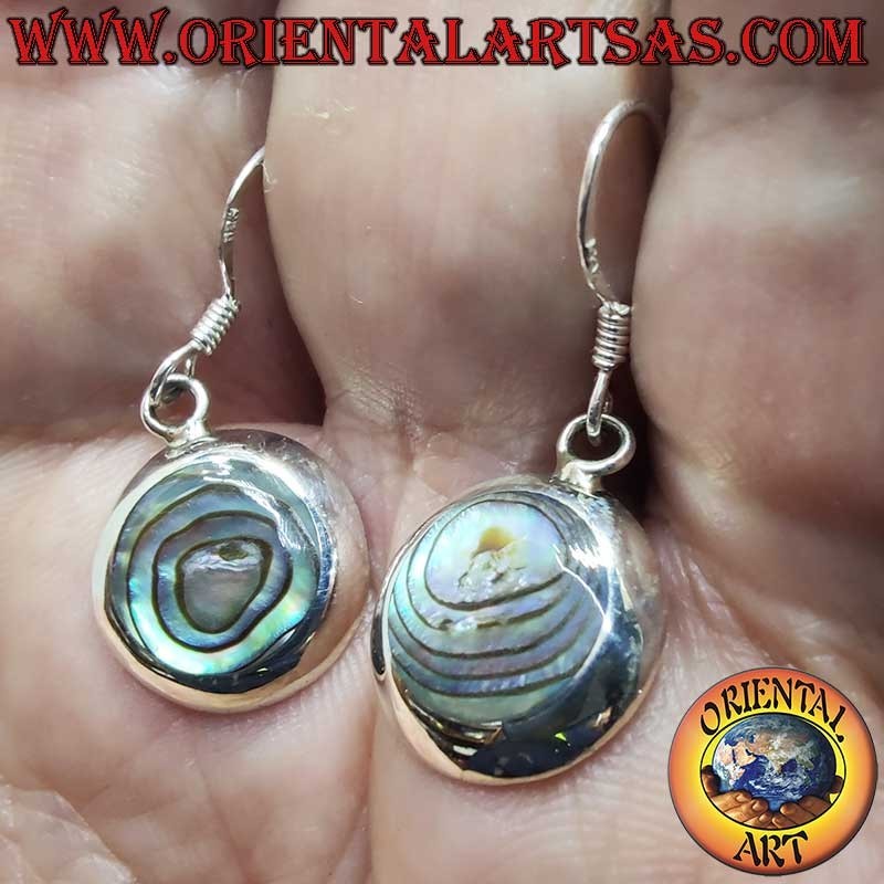 Orecchini Argento 925 Abalone Paua Pendenti Tondi 14mm