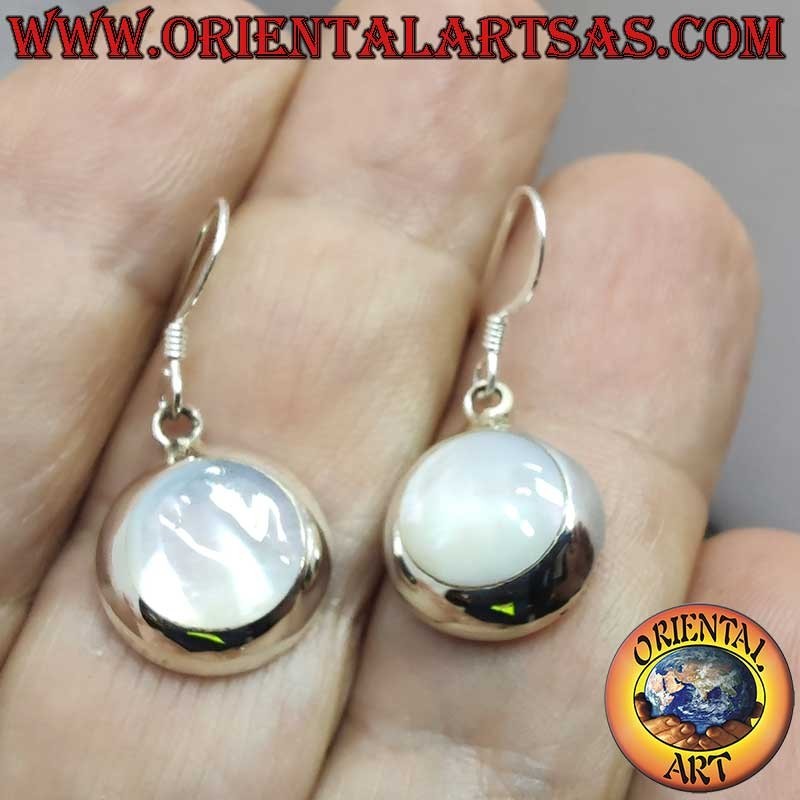 Boucles Oreilles Argent 925 Nacre Blanche Ronde Pendante 14mm