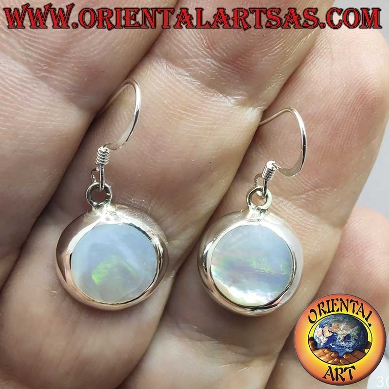Pendientes Plata 925 Madreperla Blanca Redondos Colgantes 14mm