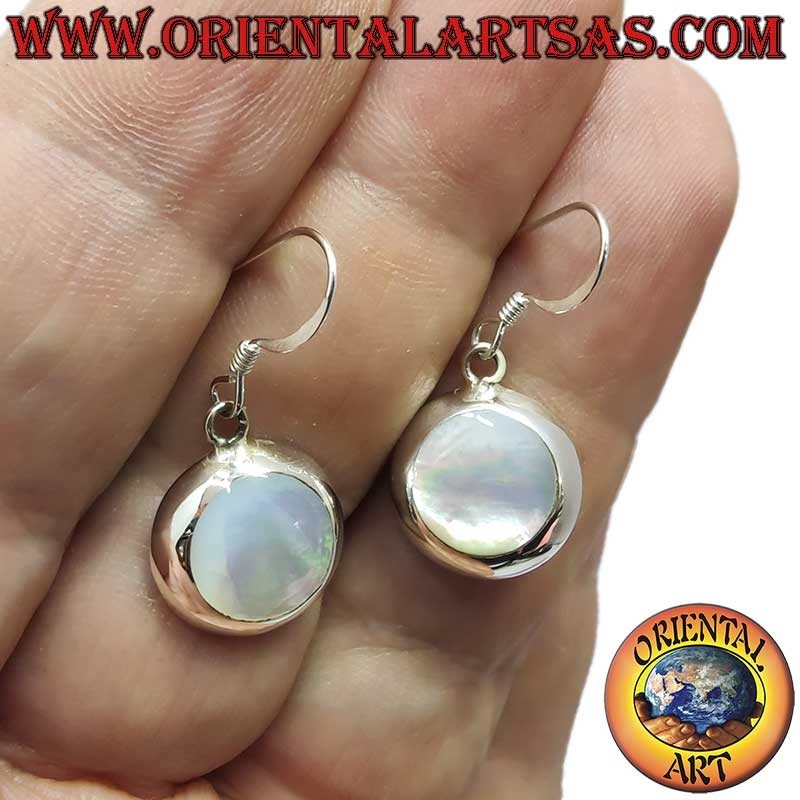 Orecchini Argento 925 Madreperla Pendenti Tondi 14mm