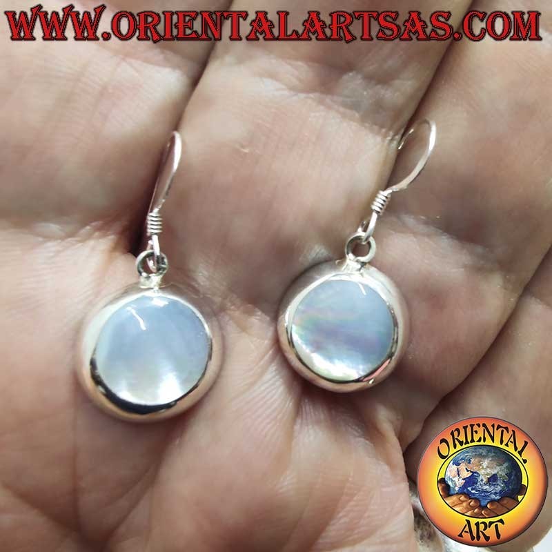 925 Silver Earrings White Mother of Pearl Round Dangle 14mm