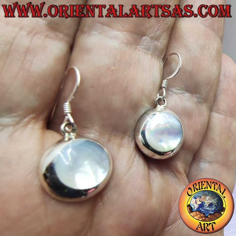 Boucles Oreilles Argent 925 Nacre Blanche Ronde Pendante 14mm