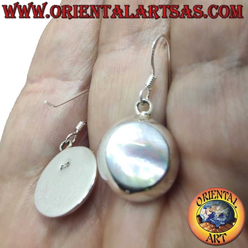 Pendientes Plata 925 Madreperla Blanca Redondos Colgantes 14mm