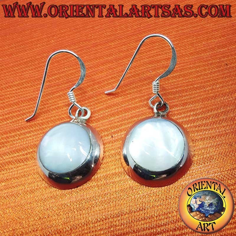 Boucles Oreilles Argent 925 Nacre Blanche Ronde Pendante 14mm