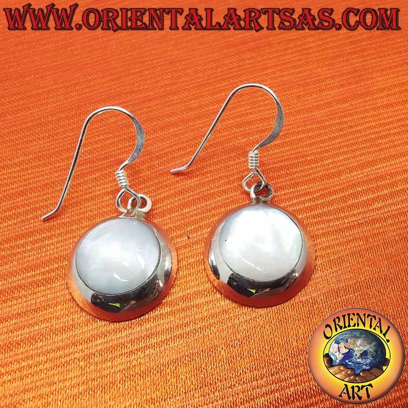 925 Silver Earrings White Mother of Pearl Round Dangle 14mm