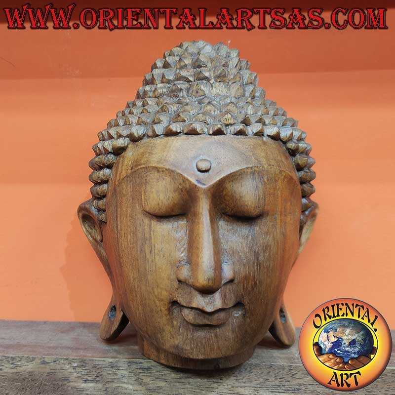 3D-Buddha-Kopf-Skulptur – Suarholz – Handgeschnitzt aus einem einzigen Block – Höhe 23 cm, 18 x 18 cm – Unikat
