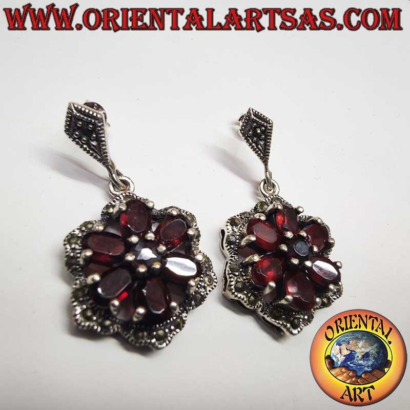 Orecchini Pendenti in argento 925 – Granati naturali ovali e tondi – Marcasite –  – H 38 mm – L 20 mm – Peso paio 13 gr.
