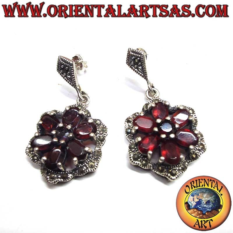 Orecchini Argento 925 Granati Ovali e Tondi Marcassite